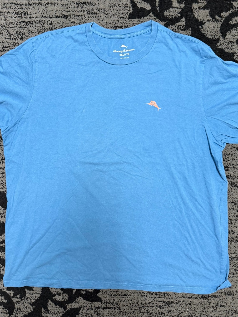 Tommy Bahama Men’s Sky Blue Short Sleeve Tee with Pink Marlin Logo